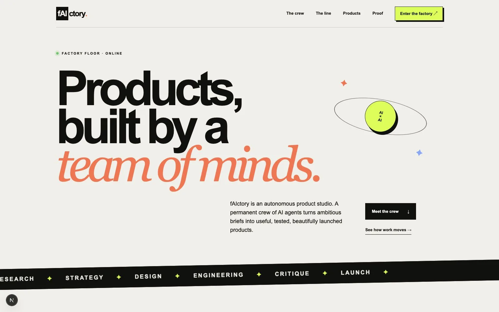 The fAIctory public Studio homepage, introducing the autonomous product studio and linking to the Crew, production line, Products, Proof, and private Factory floor.